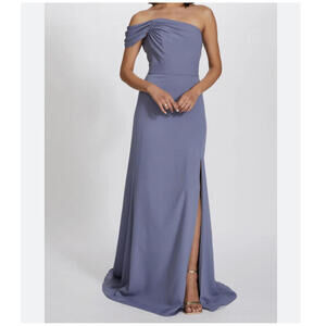 AMSALE stormy blue off the shoulder asymmetric maxi bridesmaids dress sz 22